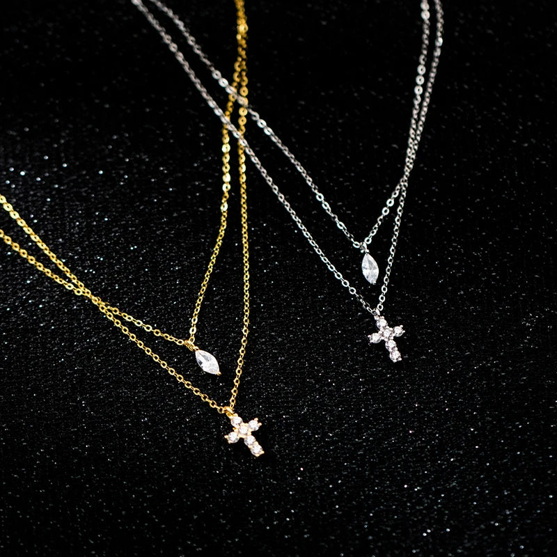 Vintage Double Chain Cross Stone Pendientes Necklace for Women