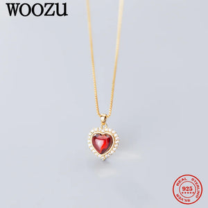 French Love Heart Red Zircon 925 Sterling Silver Pendant Necklaces For Women