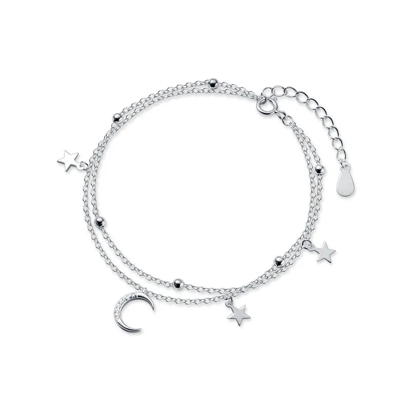 925 Silver Double Star Moon Zircon Chain Bracelet Wedding Jewelry