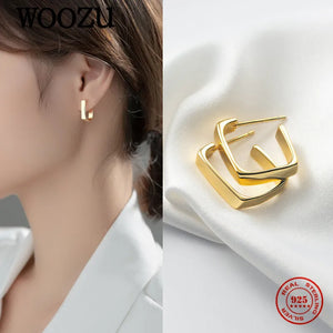 925 Silver Golden Stud Earrings Geometric Glossy Women Wedding Jewelry
