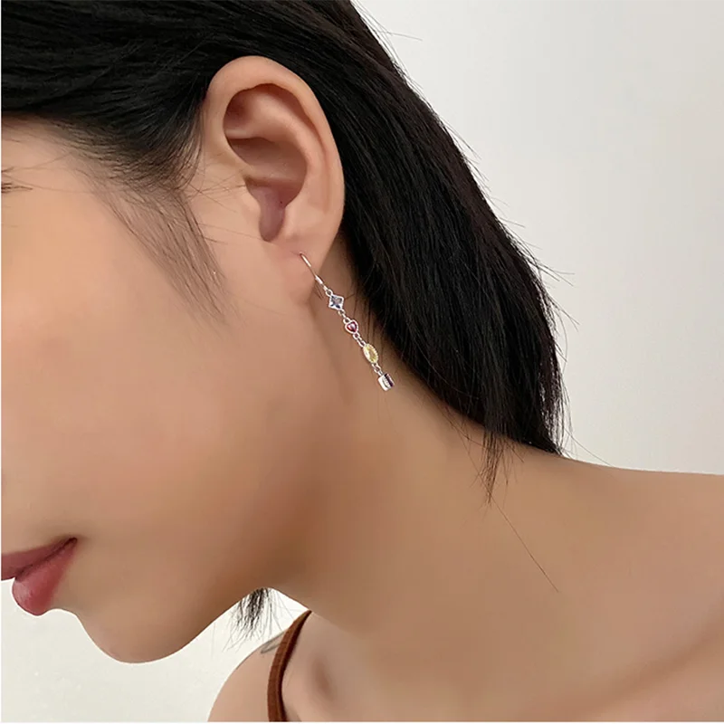 925 Silver Colorful Zircon Tassel Stud Earrings for Women Wedding