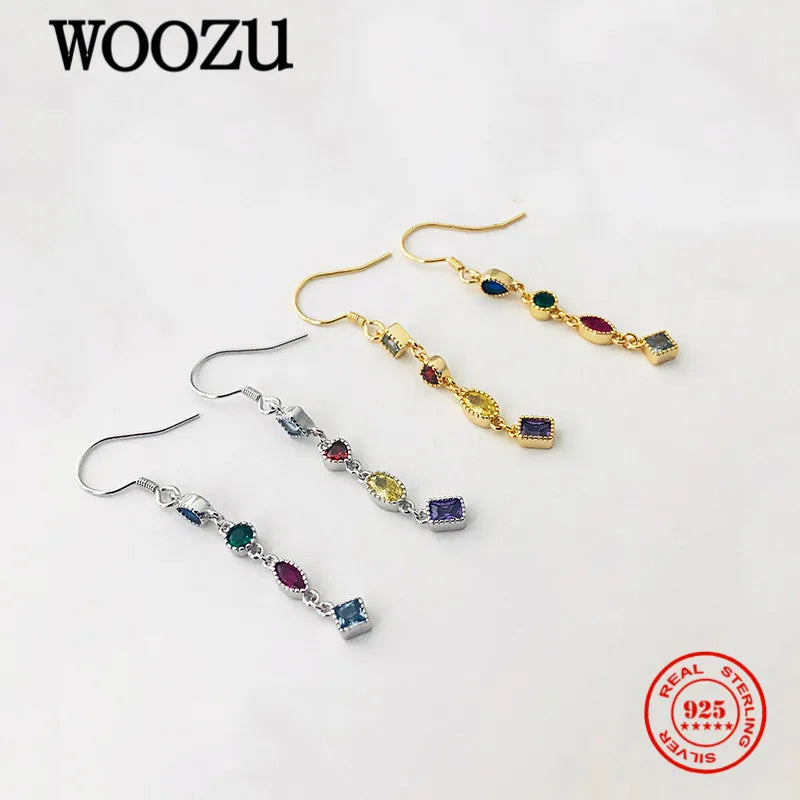 925 Silver Colorful Zircon Tassel Stud Earrings for Women Wedding