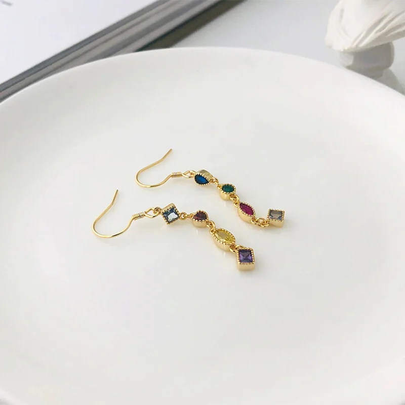925 Silver Colorful Zircon Tassel Stud Earrings for Women Wedding