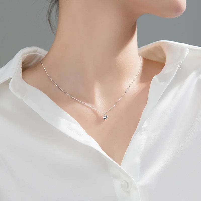 925 Silver Beads Chain Sweet Love Heart Pendant Necklace