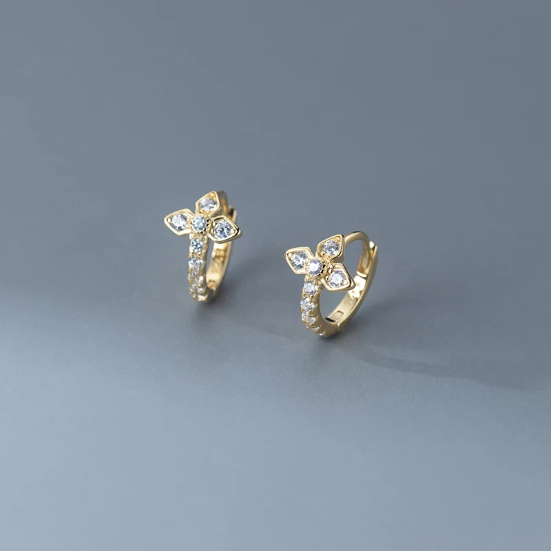 Geometric Inlaid Crystal Zircon Hoop Earrings 925 Sterling Silver