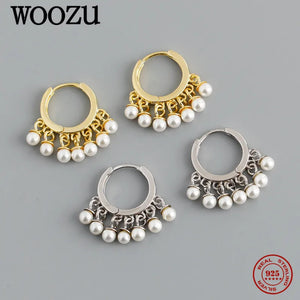 Ethnic Pearl Tassel Hoop Earrings 925 Sterling Silver For Women