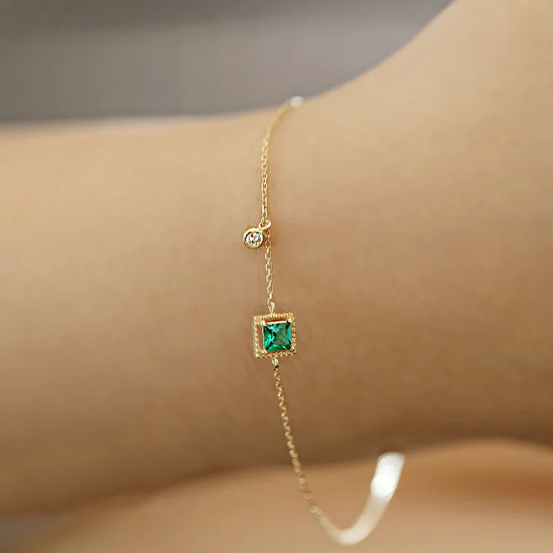 Square Green Crystal Chain Bracelet French Party 14k Plated Jewelry