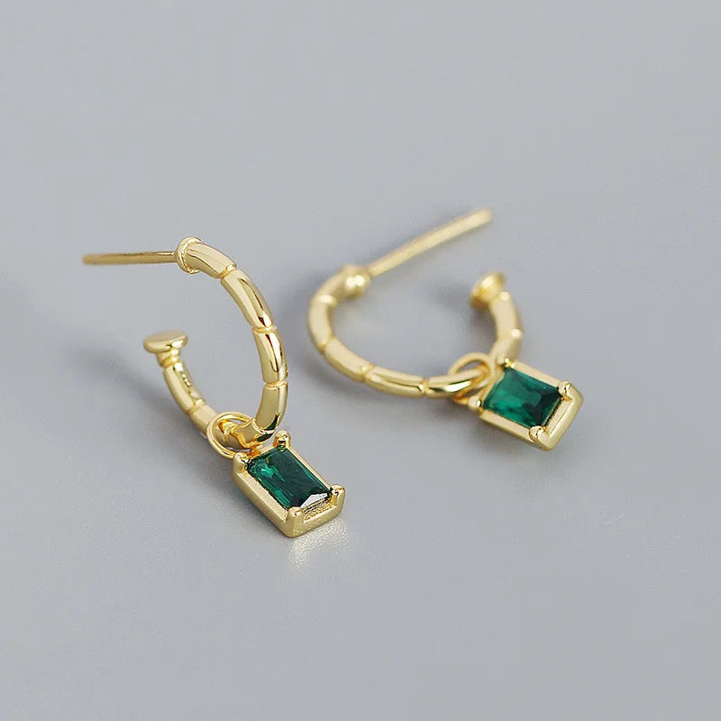 925 Silver Square Green Zircon Stud Earrings For Women