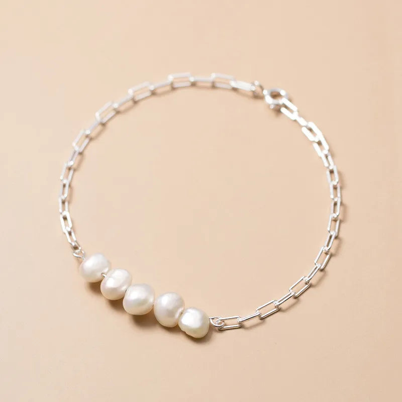 925 Silver Baroque Pearl Chain Bracelet Boho Jewelry Gift