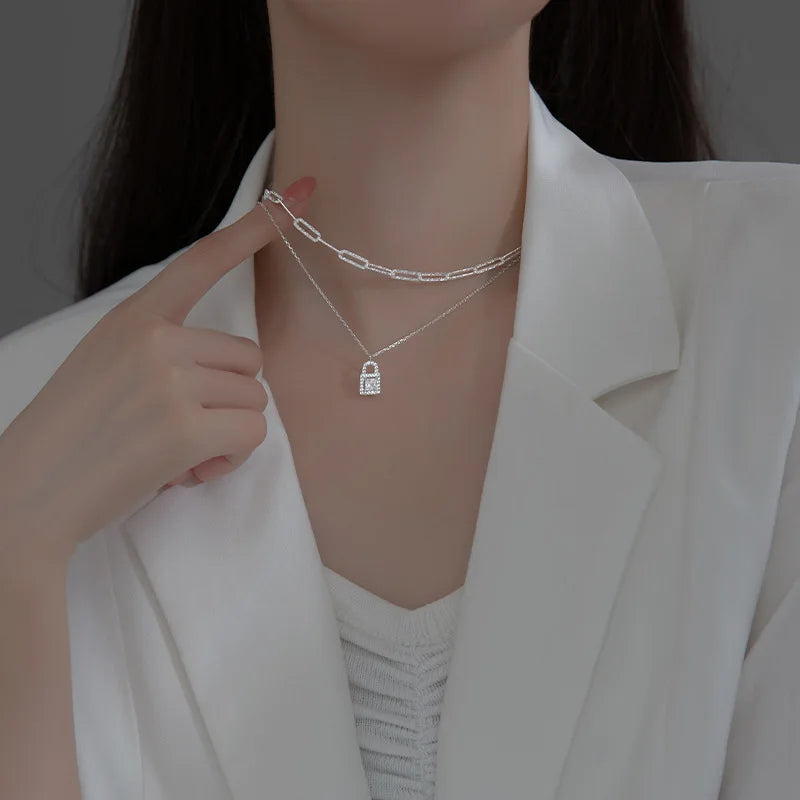 925 Silver Punk Lock Zircon Pendant Necklace Women Party Jewelry