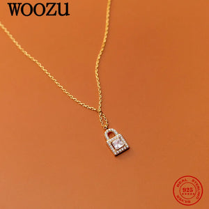 925 Silver Punk Lock Zircon Pendant Necklace Women Party Jewelry