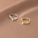 925 Silver Double Pearl Zircon Finger Ring Women Wedding Jewelry