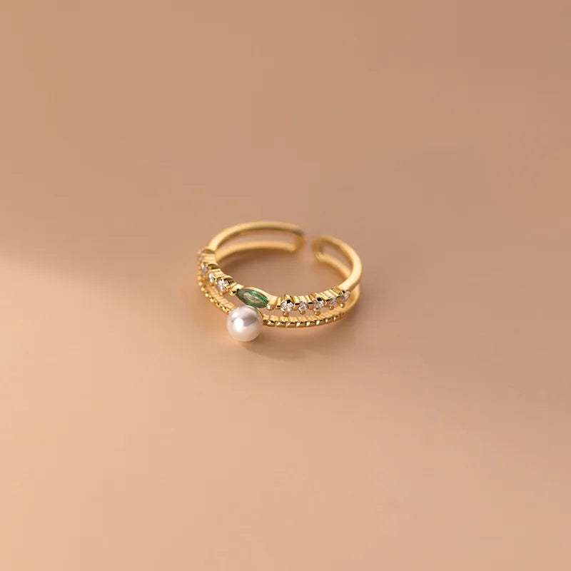 925 Silver Double Pearl Zircon Finger Ring Women Wedding Jewelry