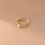 925 Silver Double Pearl Zircon Finger Ring Women Wedding Jewelry