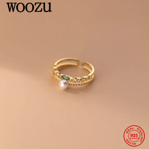 925 Silver Double Pearl Zircon Finger Ring Women Wedding Jewelry