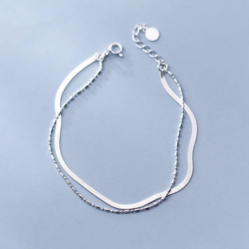 925 Silver Double Bead Snake Bone Chain Bracelet Women Jewelry Gift