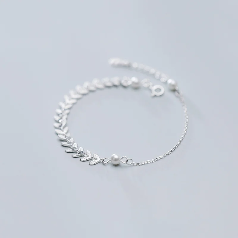 925 Silver Wheat Ear Leaf Pearl Bracelet Charming Wedding Jewelry Gift