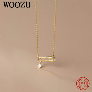 925 Sterling Silver Punk Pin Lock Water Drop Zircon Pendant Necklaces For Women