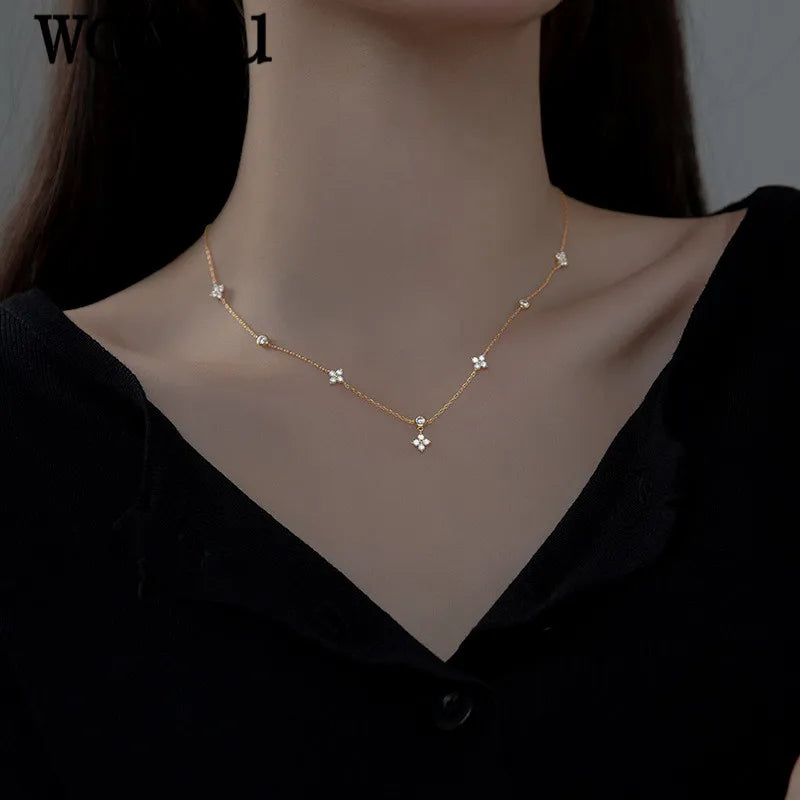 925 Silver Four-Leaf Clover Zircon Necklace For Women