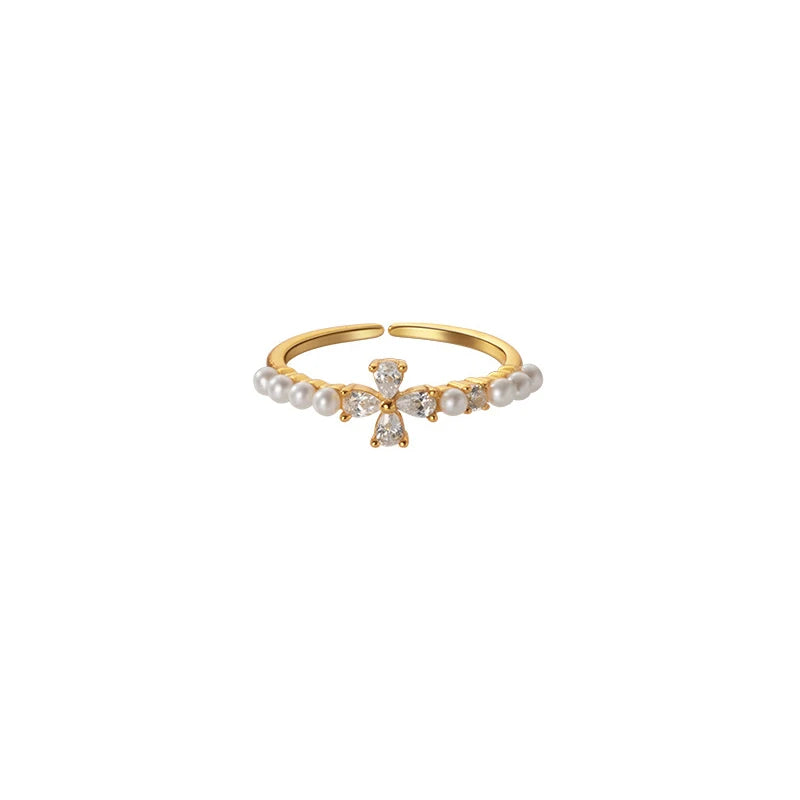 925 Silver Flower Square Pearls Zircon Rings for Women