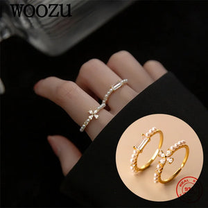 925 Silver Flower Square Pearls Zircon Rings for Women