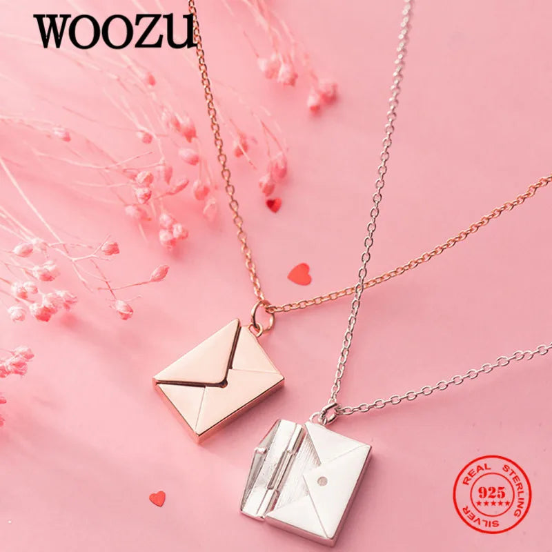 925 Silver Love Heart Envelope Pendant Necklace Wedding Jewelry Gift
