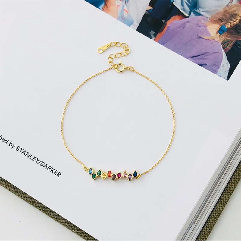 925 Silver Rainbow Zircon Water Drop Chain Bracelet Romantic Party Rock Jewelry