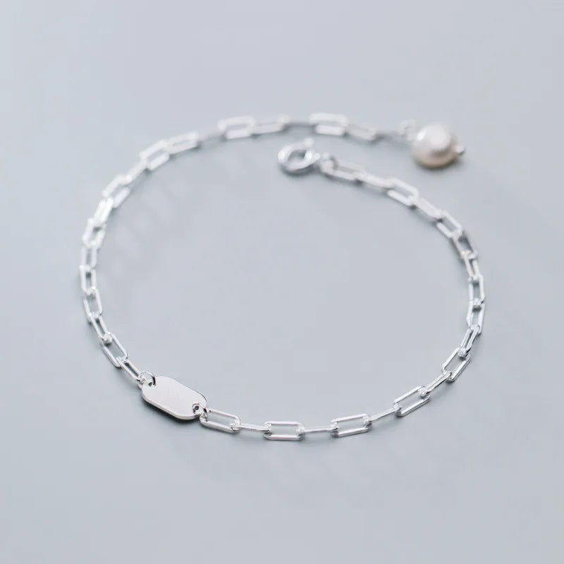925 Sterling Silver Pearl Link Chain Bracelet Women's Charm Jewelry