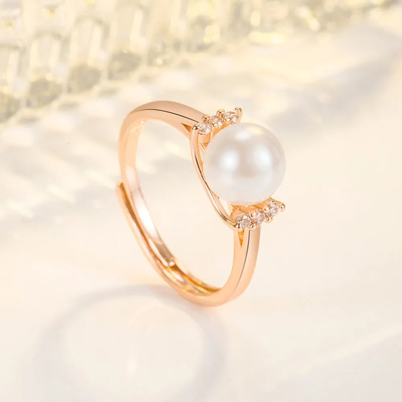 Pearl Zircon 925 Silver Rose Plated Ring Opening Finger Ring