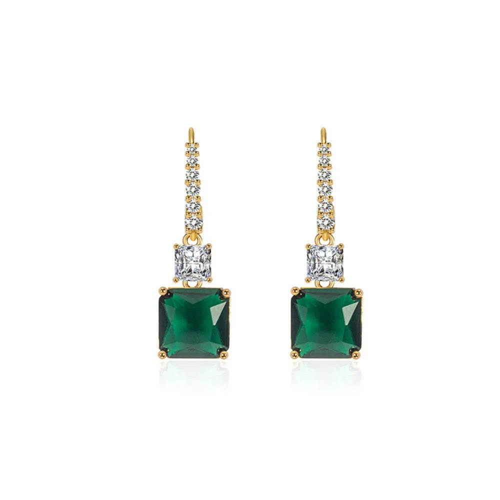 Vintage Square Emerald Earrings 925 Silver Plated Hook