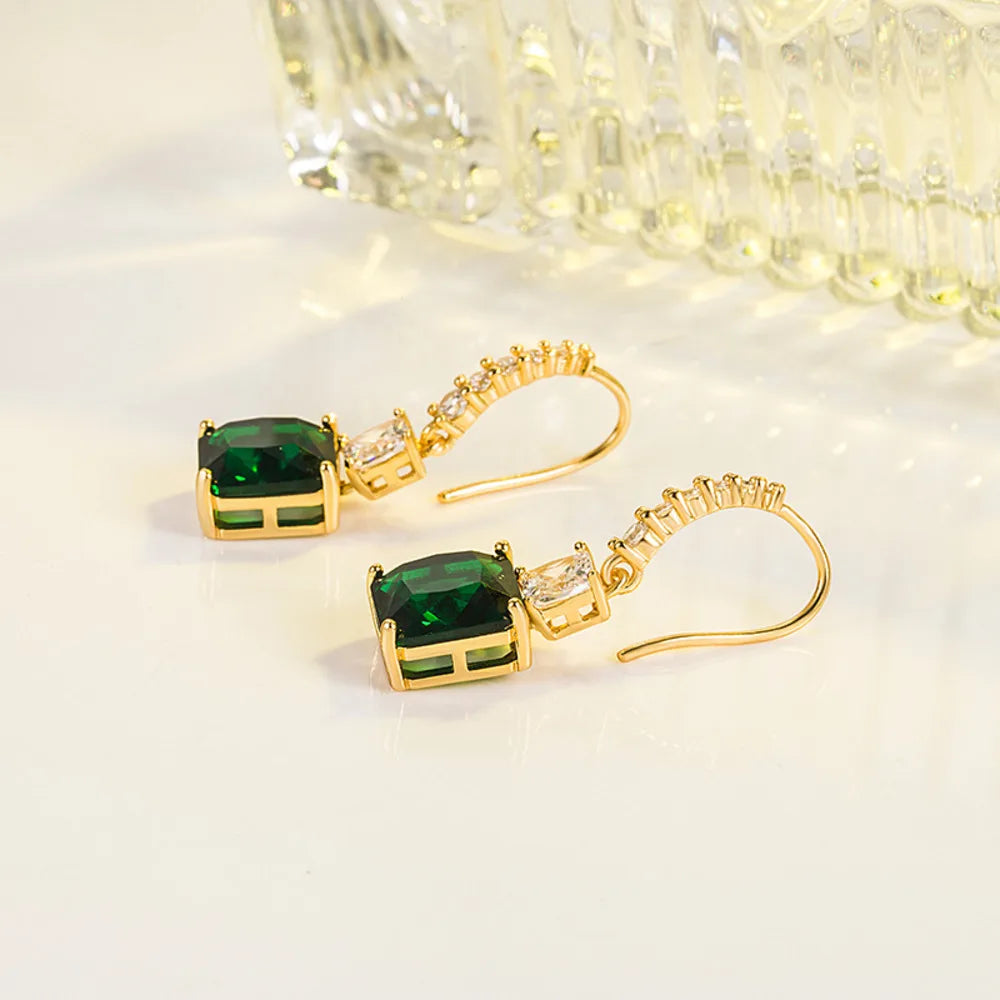 Vintage Square Emerald Earrings 925 Silver Plated Hook