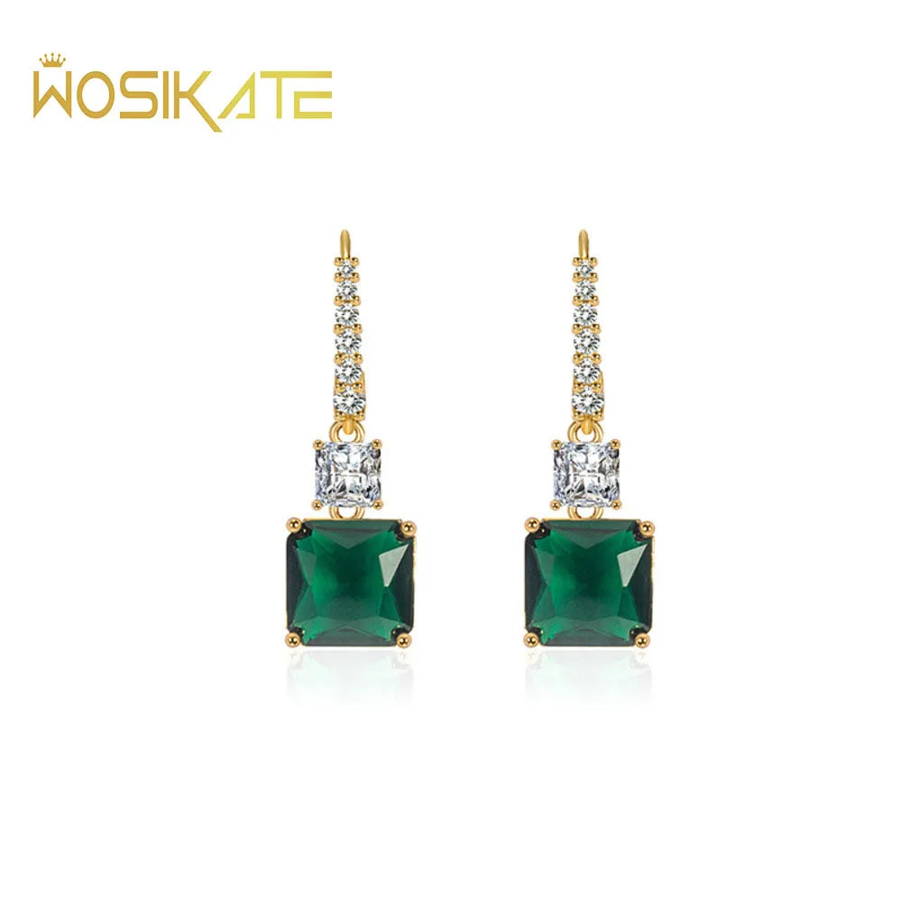 Vintage Square Emerald Earrings 925 Silver Plated Hook