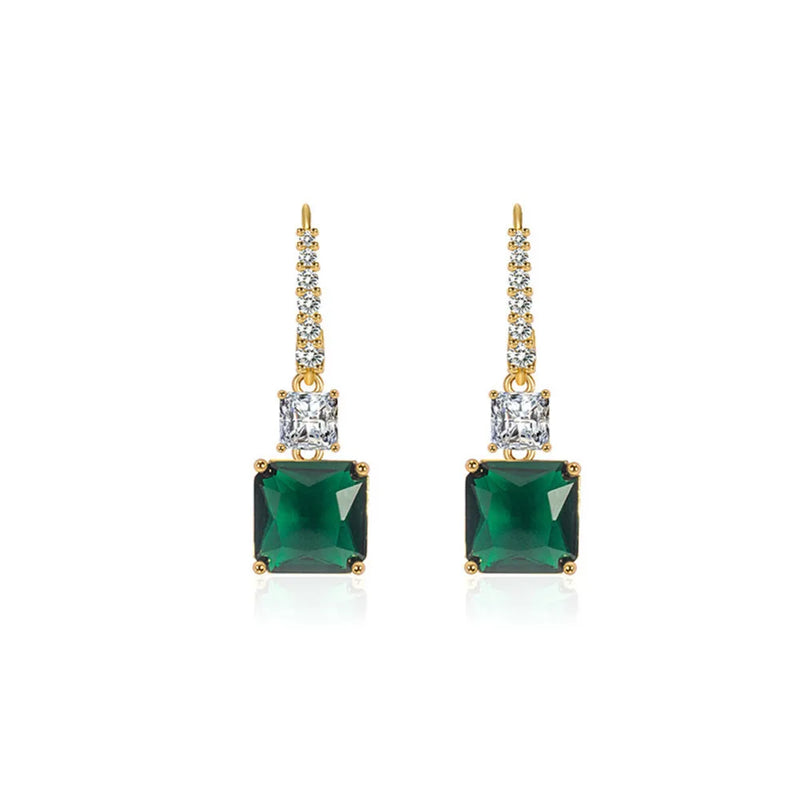 Vintage Square Emerald Earrings 925 Silver Plated Hook