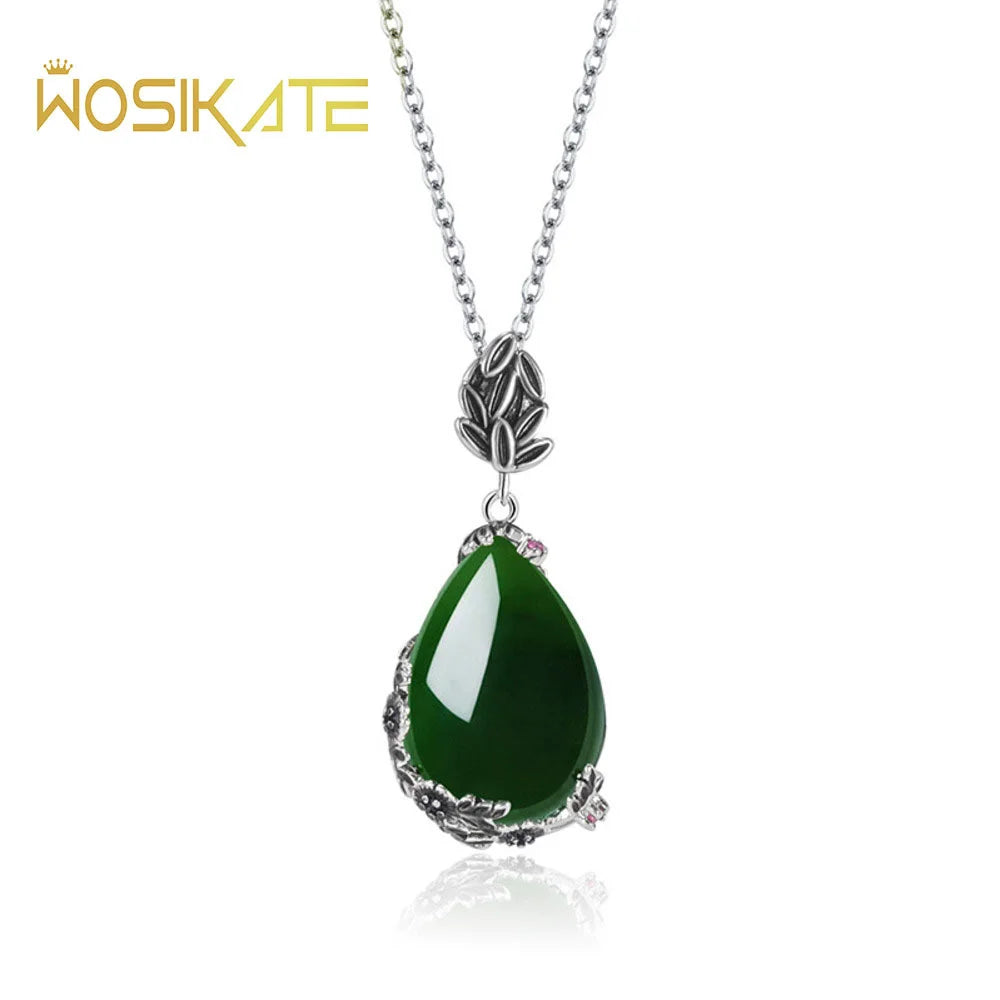 Vintage Garnet Chrysoprase Pendant Necklace 925 Silver Chain Necklace