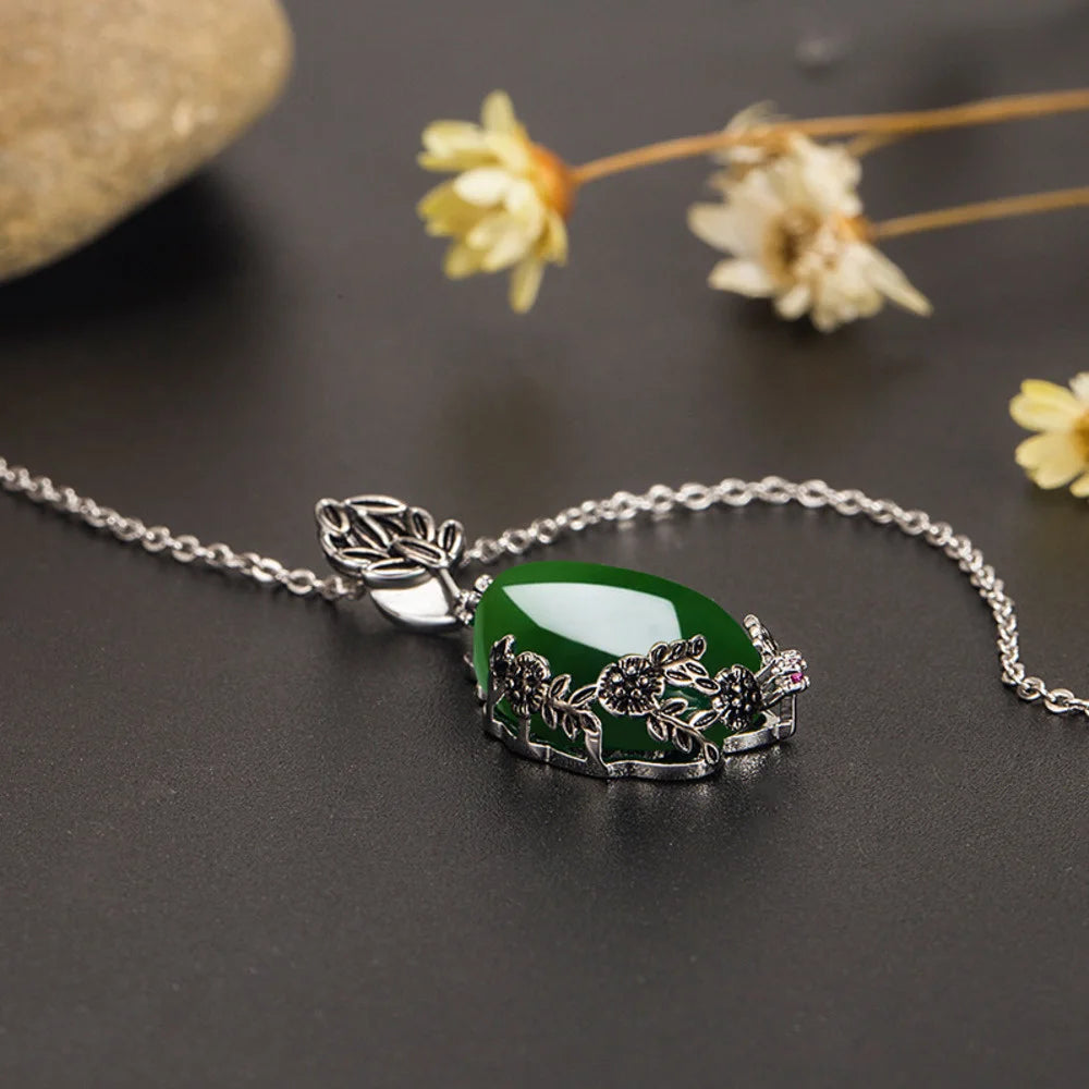 Vintage Garnet Chrysoprase Pendant Necklace 925 Silver Chain Necklace