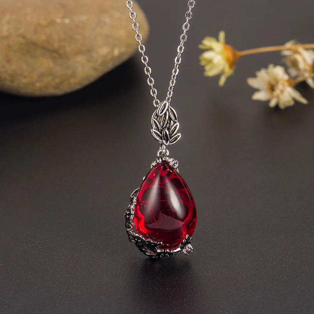 Vintage Garnet Chrysoprase Pendant Necklace 925 Silver Chain Necklace