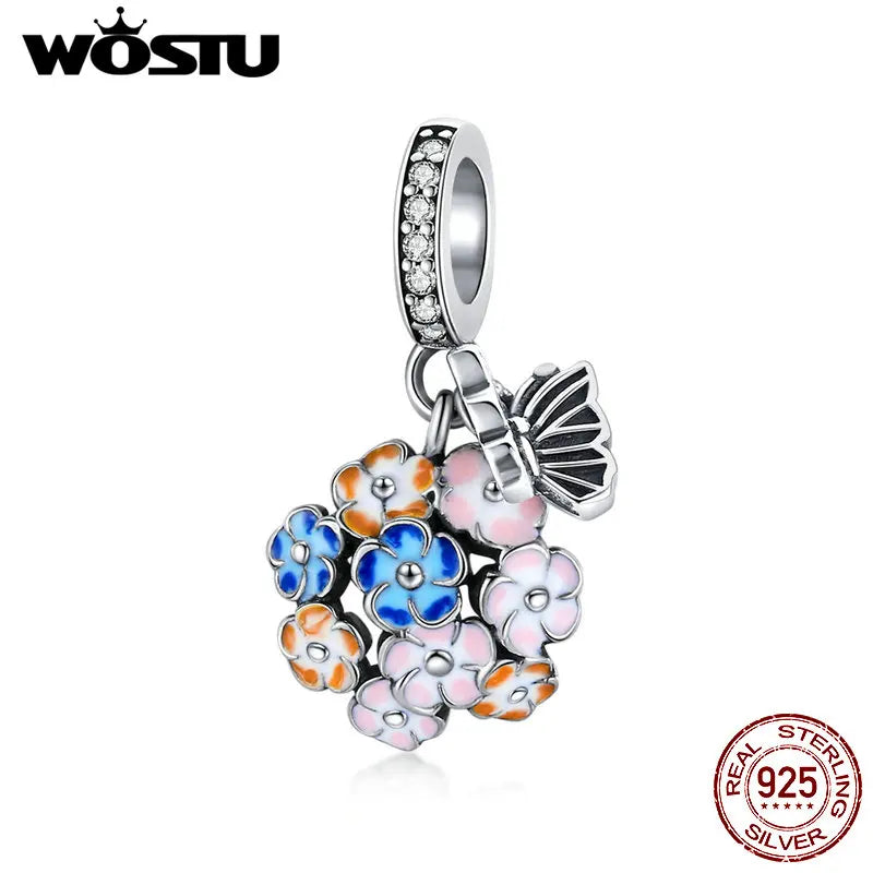 925 Silver Colorful Flower Charm Pendant for Bracelet Necklace DIY