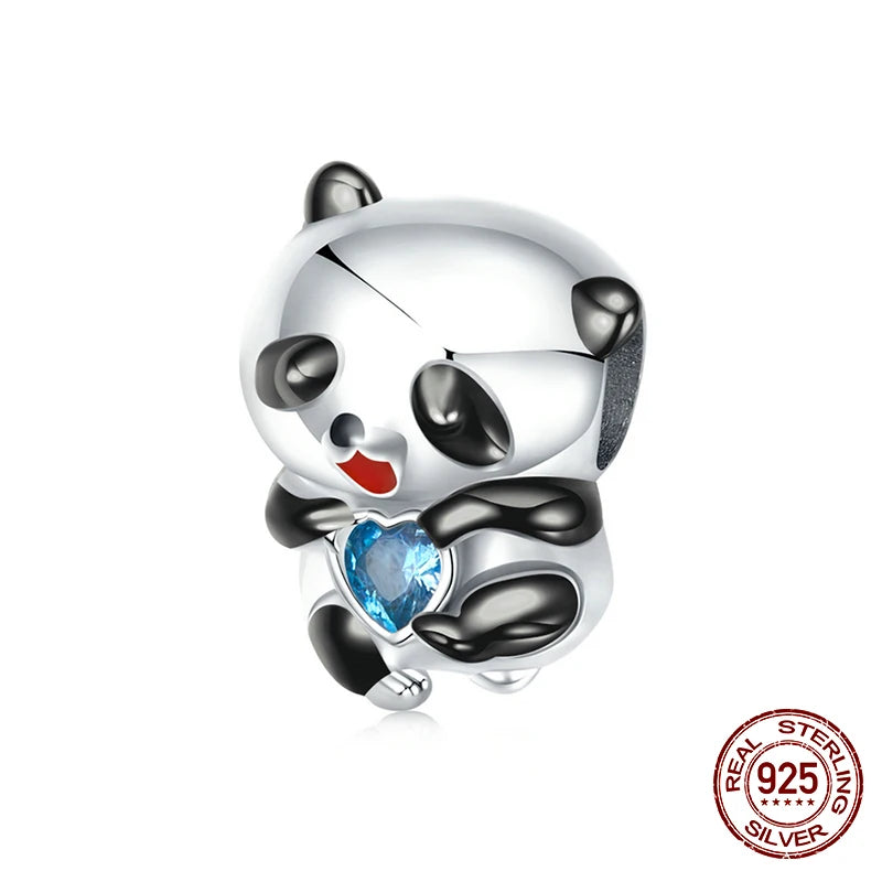 925 Silver Baby Panda Charm Bead Heart Zircon for Bracelet Jewelry