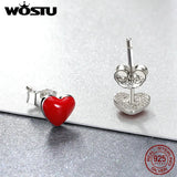 925 Silver Red Heart Enamel Stud Earrings Women Party Jewelry Gift