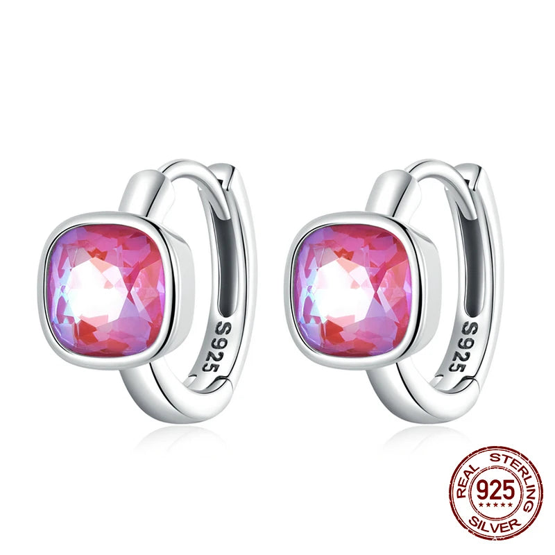 925 Silver Square Hoop Earrings Pink Mocha Ear Buckles Women