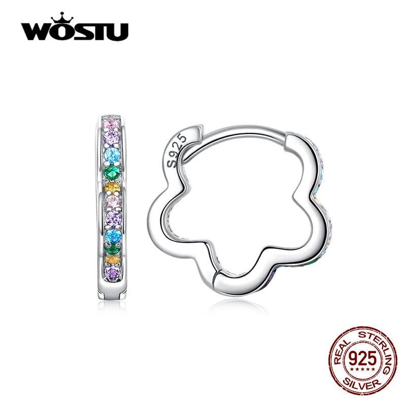 925 Silver Flower Buckle Hoop Earrings Colorful Zircon Women Rainbow Jewelry
