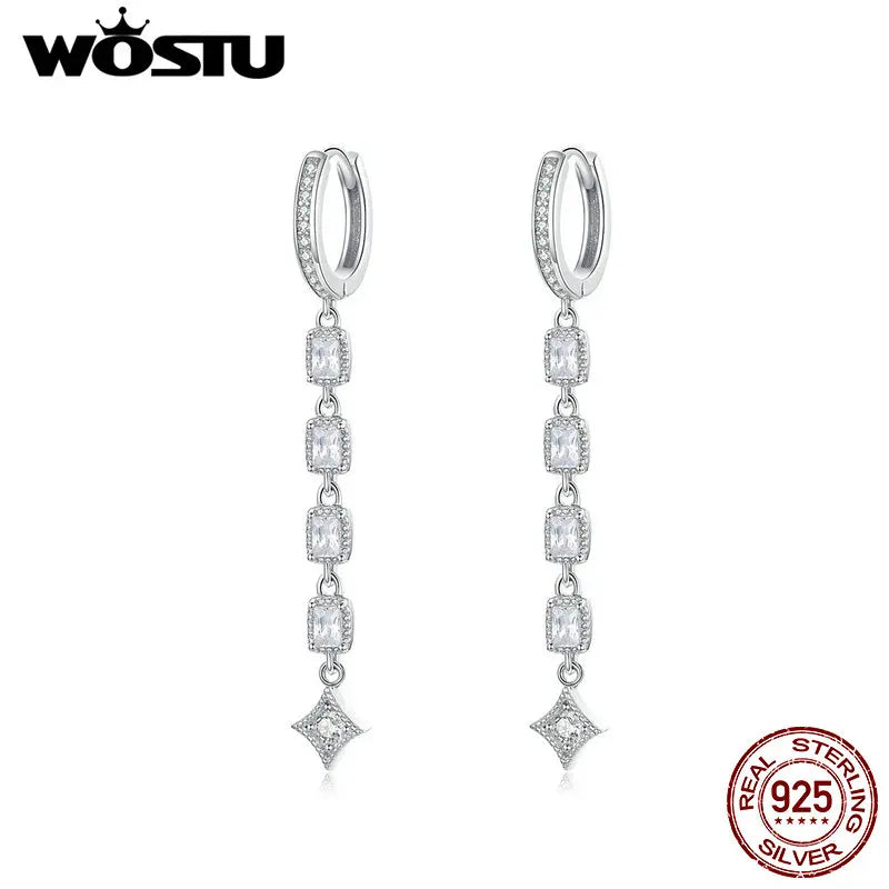 925 Silver Geometric Long Earrings Zircon Dangle for Women
