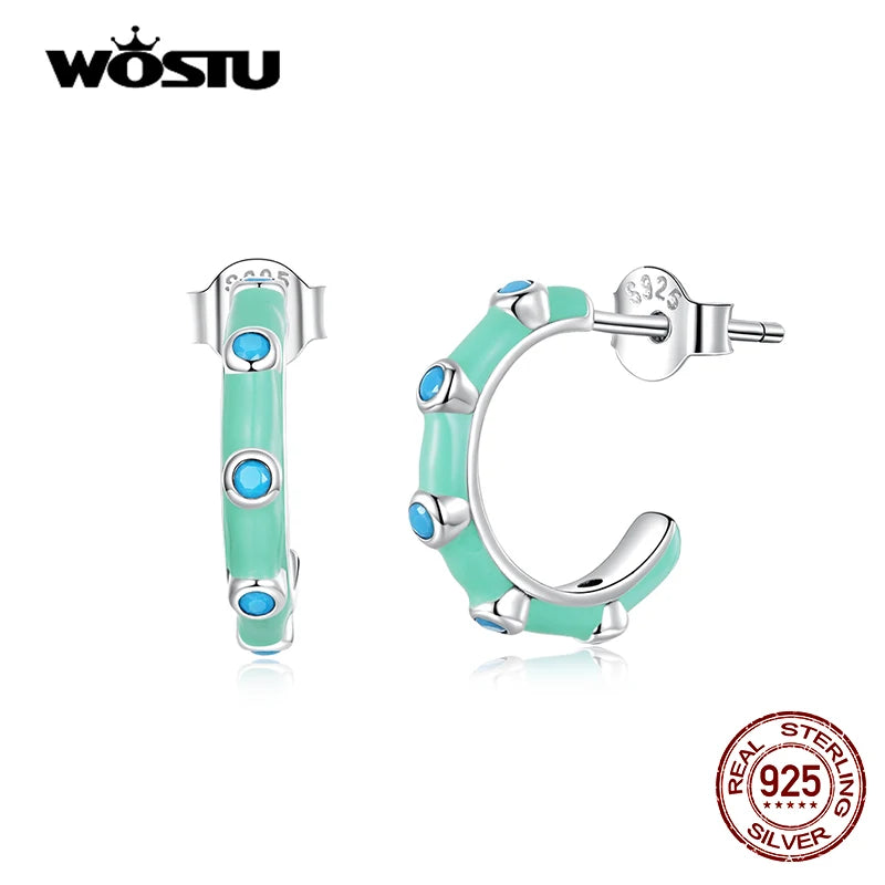 925 Silver Half-Circle Stud Earrings Mint Green Turquoise Stones CQE1404