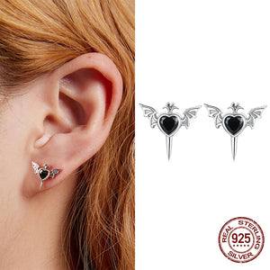 925 Silver Heart Wings Stud Earrings with Red Zircon
