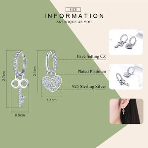 925 Silver Key Lock Drop Earrings Heart Shaped Zircon Wedding Jewelry