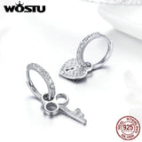 925 Silver Key Lock Drop Earrings Heart Shaped Zircon Wedding Jewelry