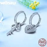 925 Silver Key Lock Drop Earrings Heart Shaped Zircon Wedding Jewelry