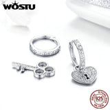 925 Silver Key Lock Drop Earrings Heart Shaped Zircon Wedding Jewelry