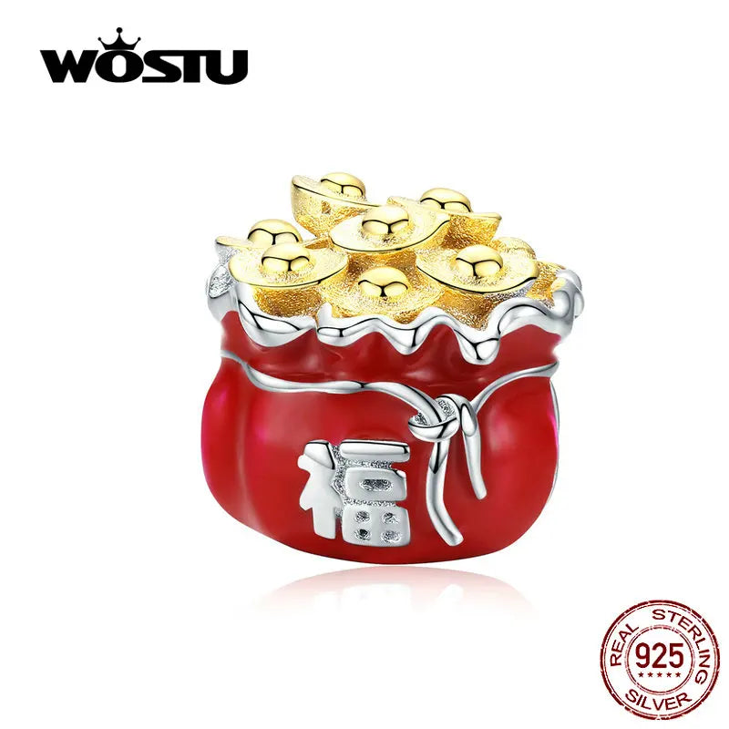 925 Silver Lucky Fortune Bag Beads Red Enamel Charm Bracelet Pendant