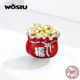 925 Silver Lucky Fortune Bag Beads Red Enamel Charm Bracelet Pendant